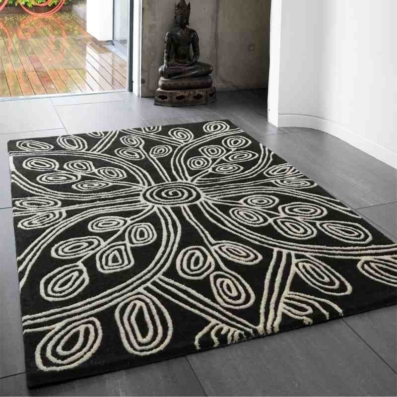 tappeto moderno floreale Kaya Black lana